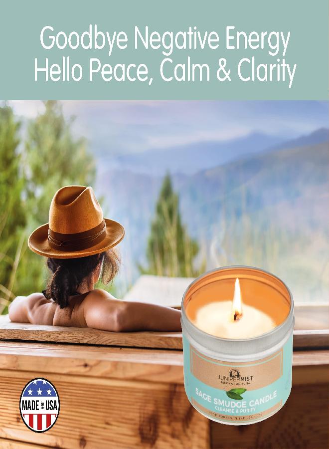 JUNIPERMIST Sage Smudge Candle for Energy Cleansing, Meditation, Protection + Smokeless Alternative to Sage Smudge Sticks, Incense, Bundles + Handmade in Sedona with Soy Wax, Pure Essential Oils and Sage Leaf - Image 1